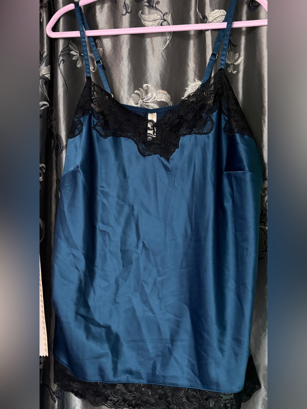 Cacique Teal Blue Satin Camisole with Black Lace